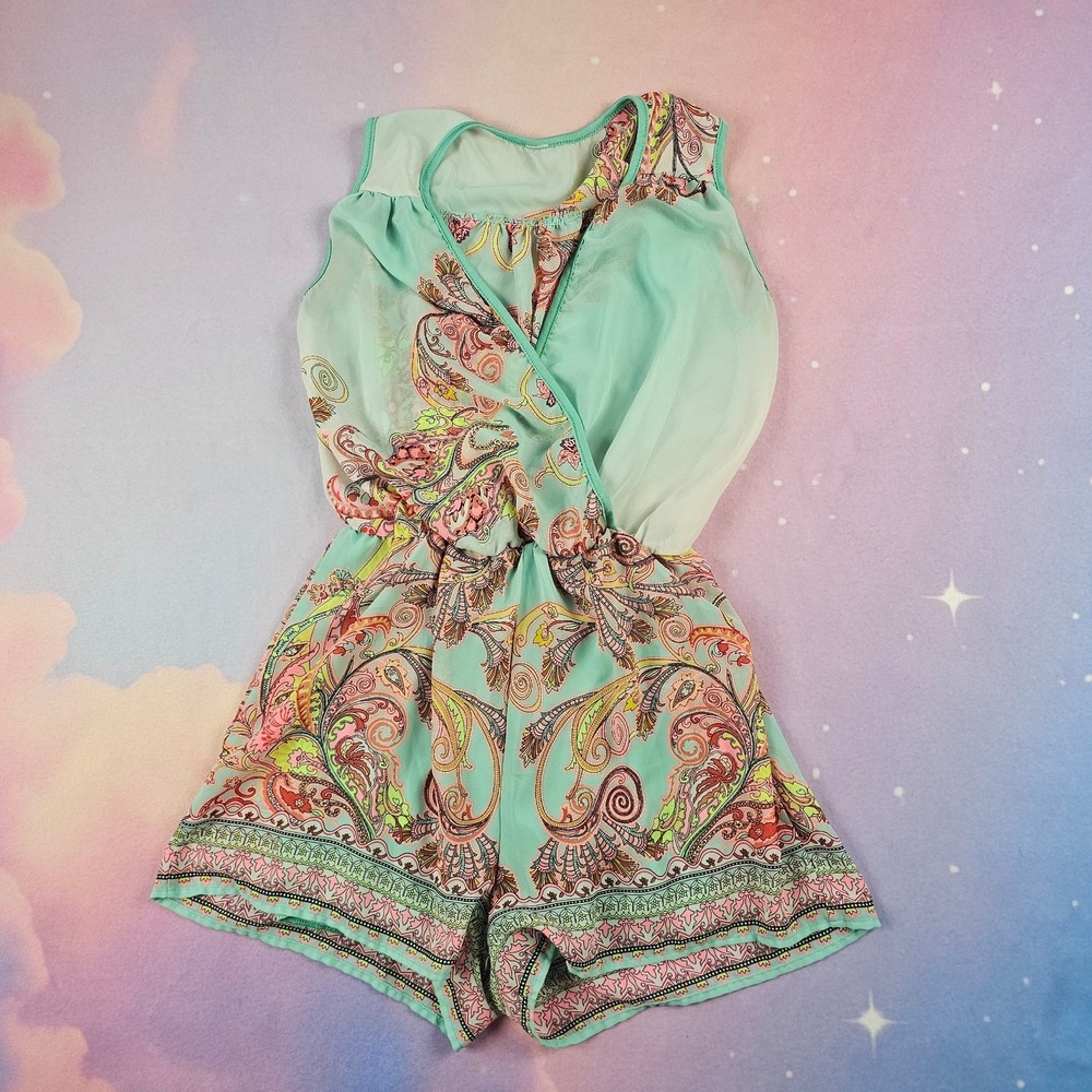 00s Paisley Romper Womens‎ Small Mint Green Excellent Surplice Boho V-Neck